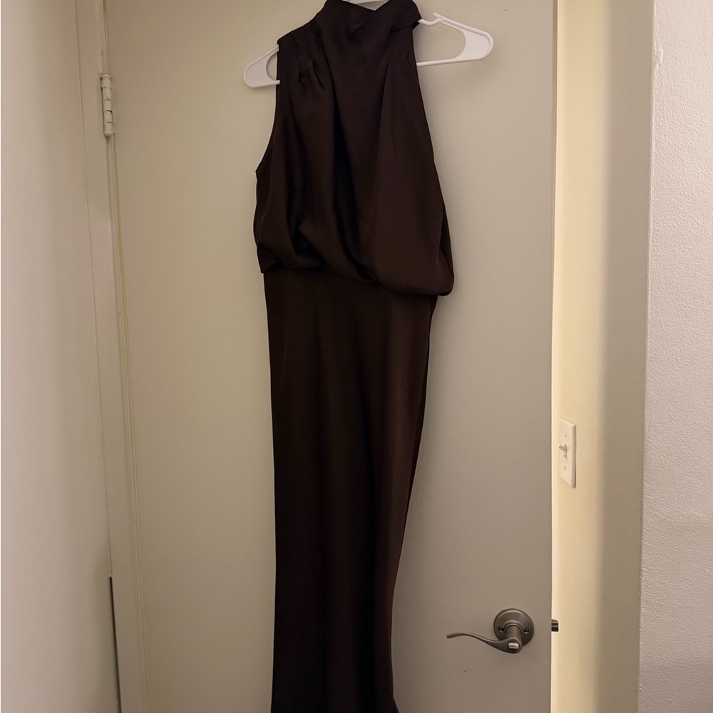 High-Neck Brown Maxi Dress with Draped Bodice